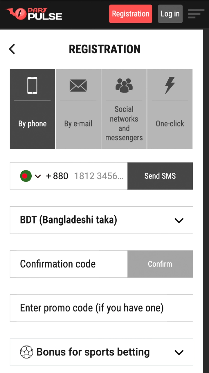 Registration form in the PariPulse bet app.