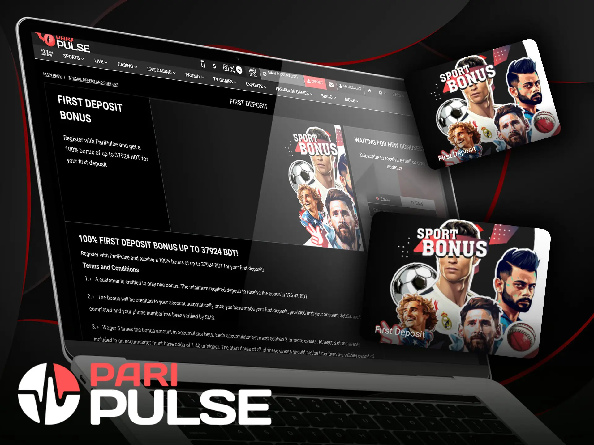 Get a first deposit bonus for sports betting of up to 38,000 BDT on PariPulse.