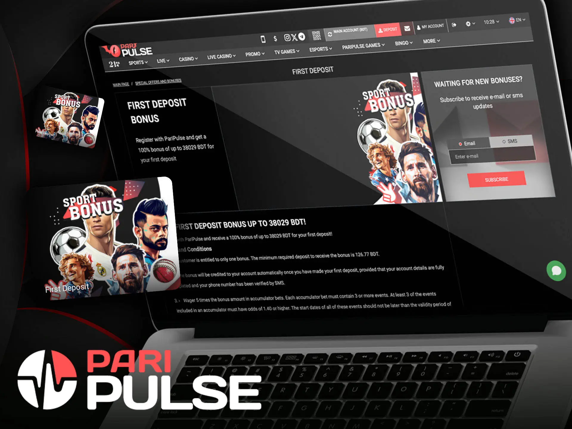 Get 100% first deposit bonus of up to 38,000 BDTD on betting on sporting events at PariPulse.