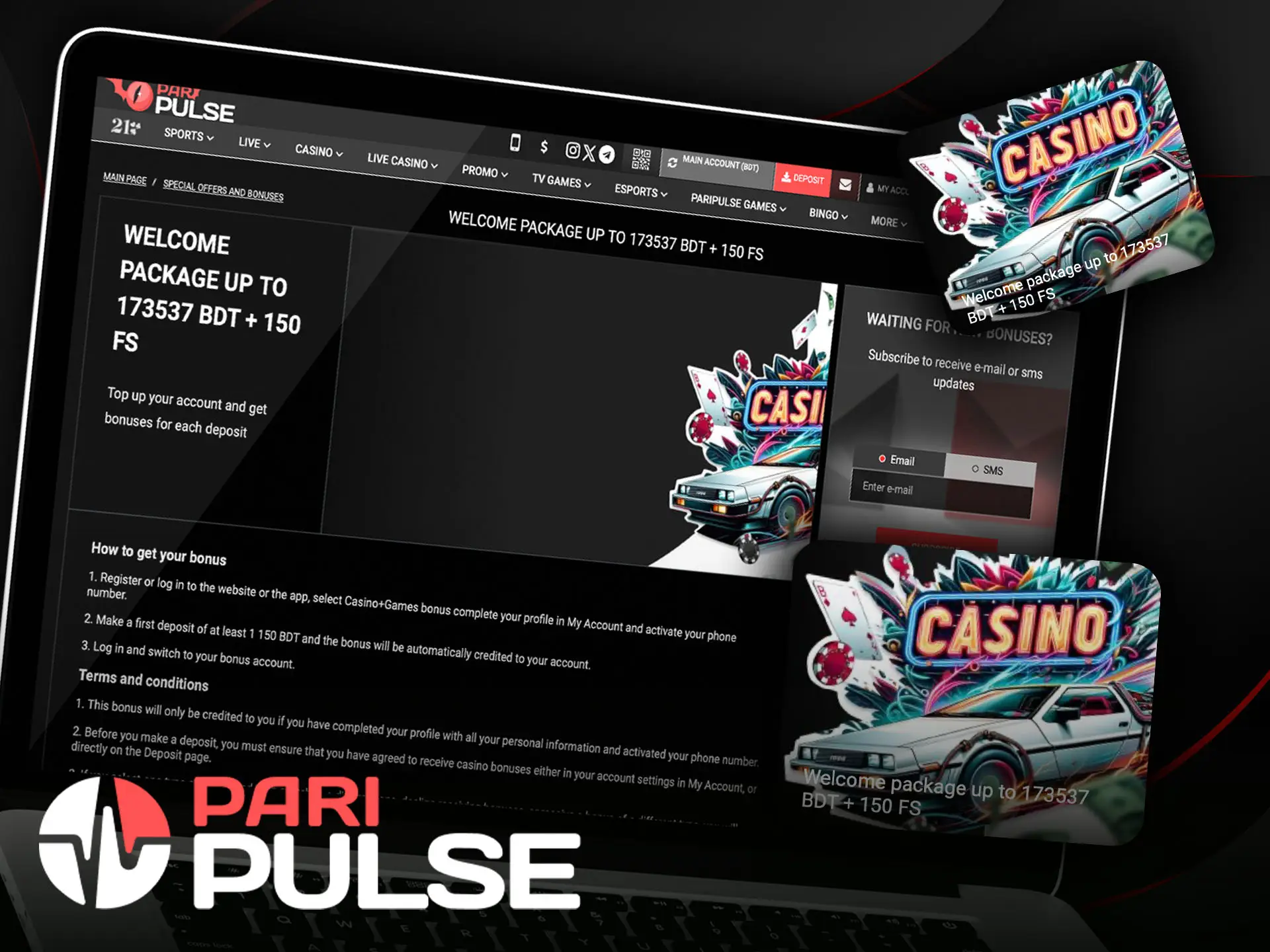 Get a welcome package up to 170,000 BDT and 150 free spins for casino games from PariPulse.